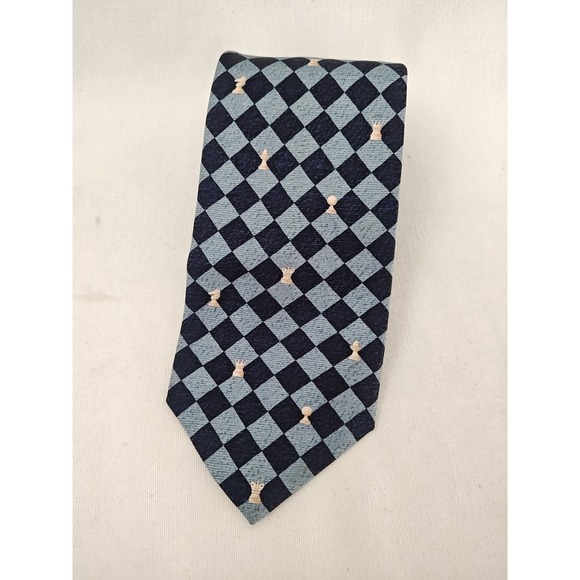 BVLGARI Silk Sevenfold Tie 7 Fold Geometric Blue Chess Made In Italy Pizzigow
